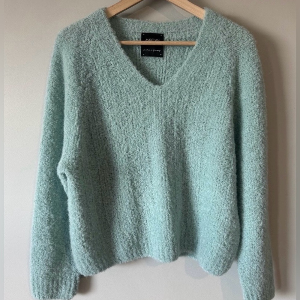 Marc Cain Sport Teal Alpaca Wool V-Neck Chunky Knit Sweater Oversized Small - Picture 2 of 14